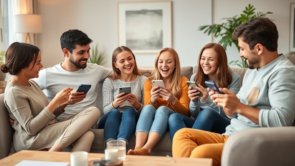 가족 구성원들이 거실에 모여 각자의 스마트 기기로 하나의 클라우드 저장소를 공유하며 즐겁게 사진을 보는 모습
