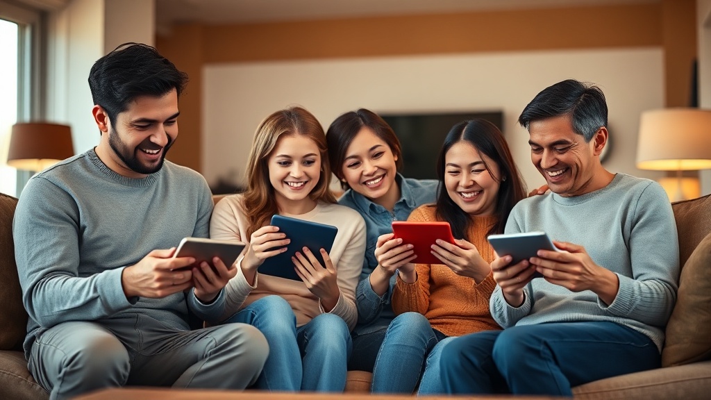 거실에서 여러 대의 태블릿과 스마트폰을 사용하며 디지털 콘텐츠를 즐기는 행복한 가족의 모습