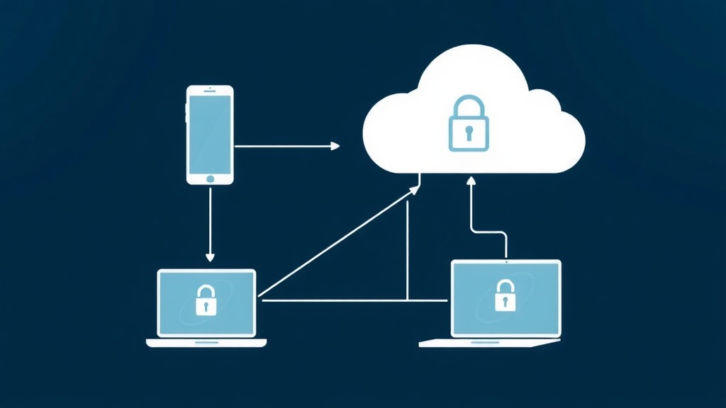 다양한 스마트 기기들이 클라우드 서버와 무선으로 연결되어 데이터를 안전하게 동기화하는 개념도