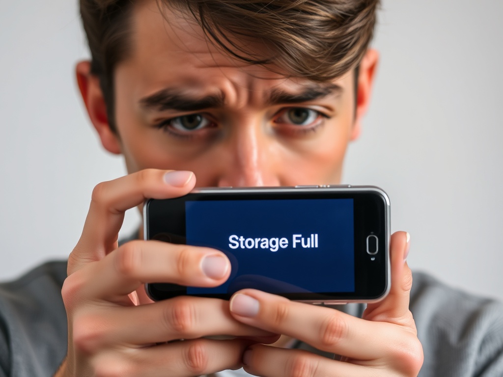 스마트폰 화면에 저장 공간 부족 경고창이 떠 있고 사용자가 데이터를 어떻게 관리할지 고민하는 모습
